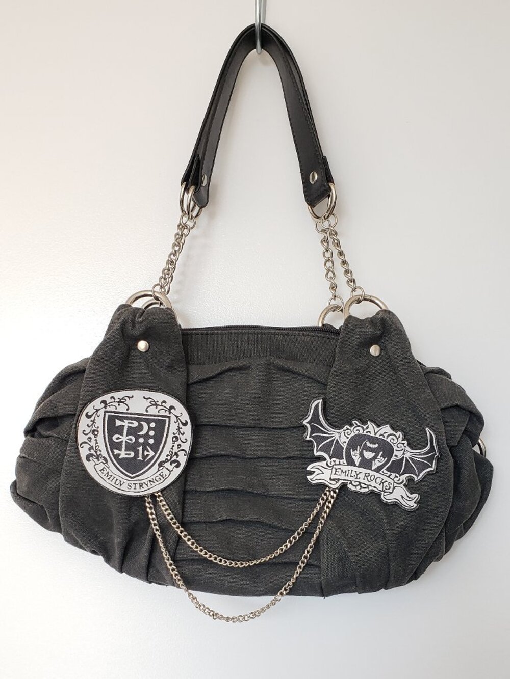 EUC Emily Strange shoulder bag purse canvas patches chain faux leather RARE